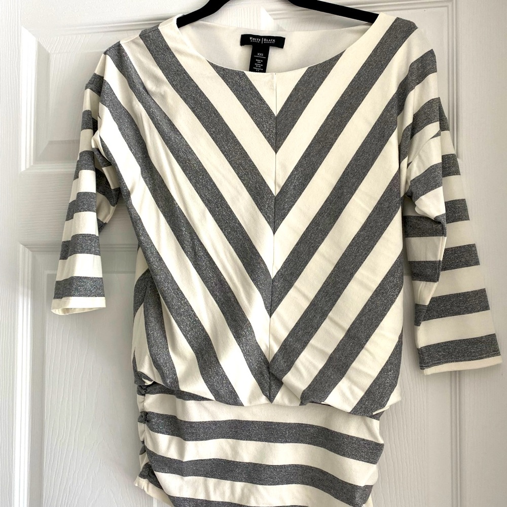 White House Black Market Cream and Gray Striped Blouse